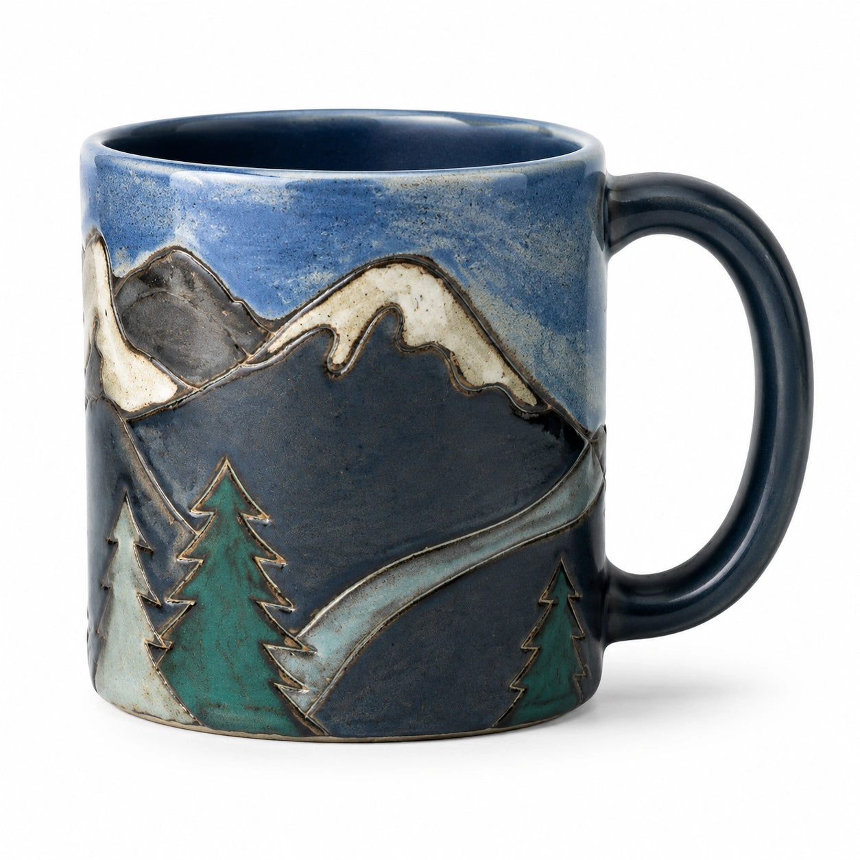Keramiktasse 450 ml Dunkelblau Grün mit Bergmotiv für Heißgetränke im rustikalen Stil