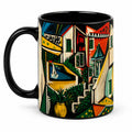 Kaffeebecher 330 ml aus Keramik Schwarz Mehrfarbig mit Architekturmotiv