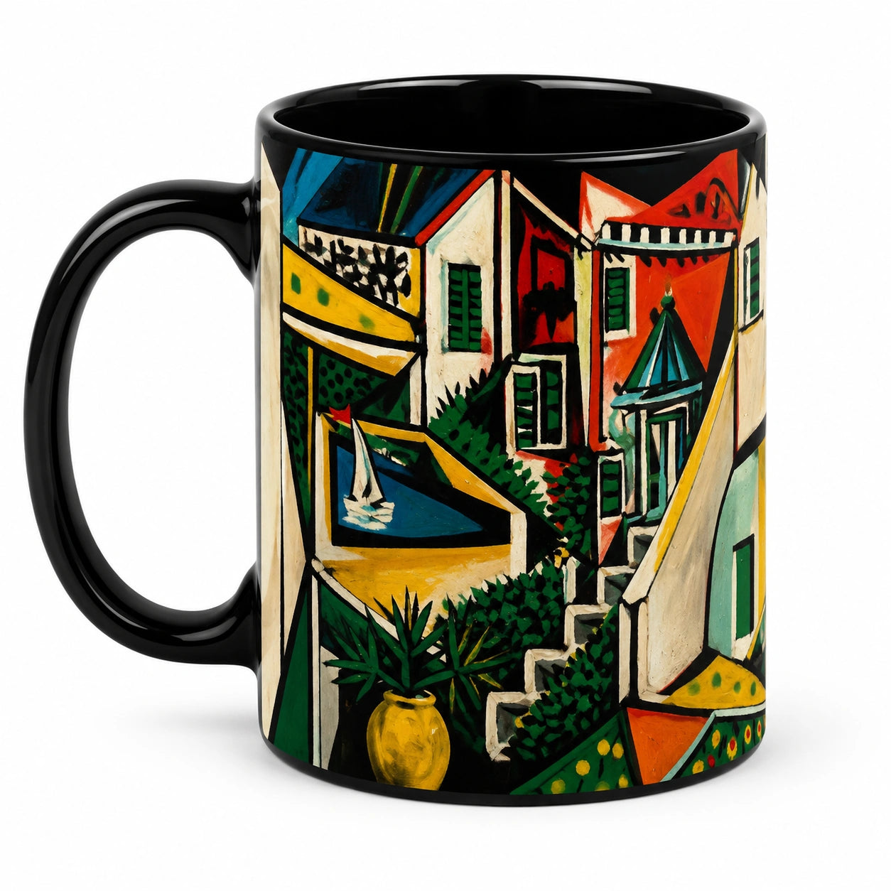 Kaffeebecher 330 ml aus Keramik Schwarz Mehrfarbig mit Architekturmotiv