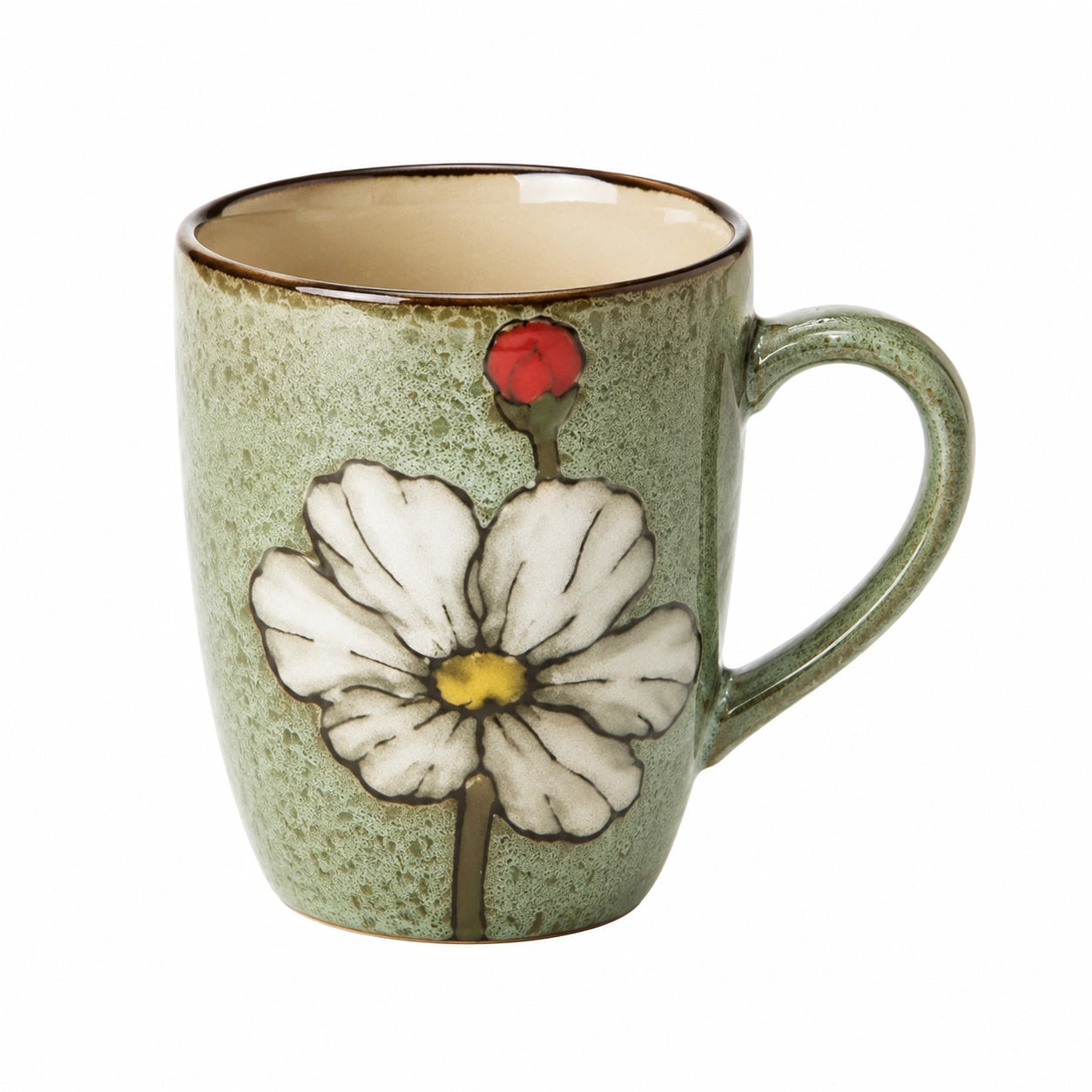 Keramiktasse 350 ml Grün mit Blumenmotiv und Henkel