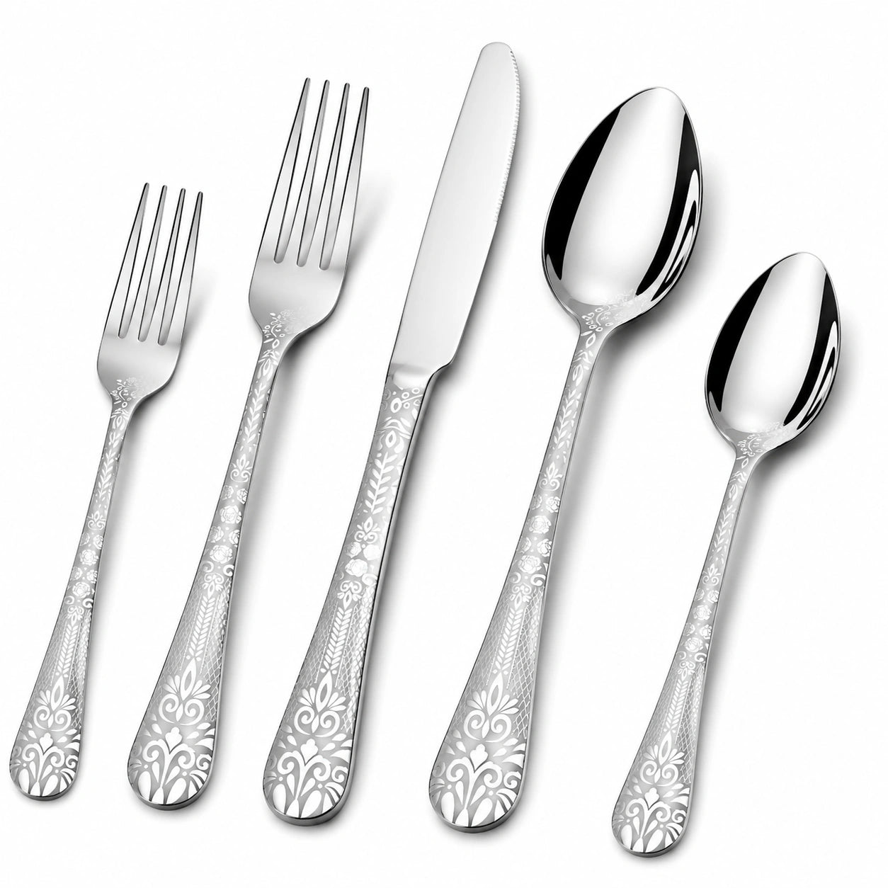 Besteckset 5-teilig 14-23 cm Edelstahl Silber mit Blumenmuster
