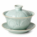 Gaiwan Teetassenset 150 ml Keramik Hellgrün mit Blütenrelief
