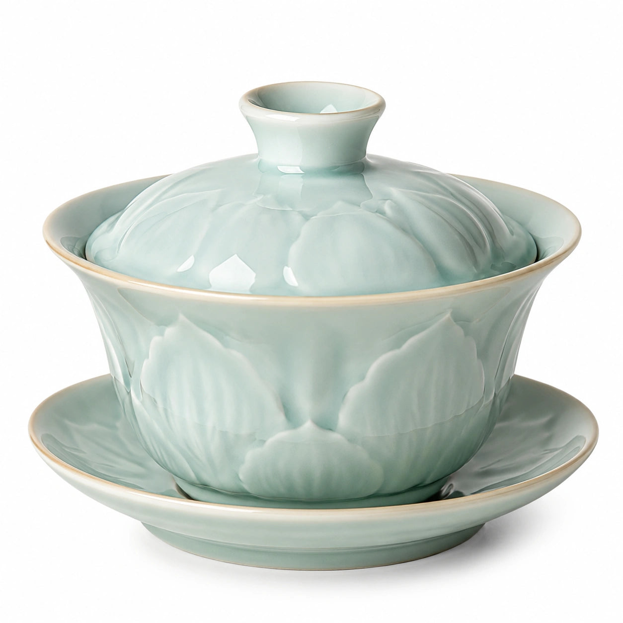 Gaiwan Teetassenset 150 ml Keramik Hellgrün mit Blütenrelief