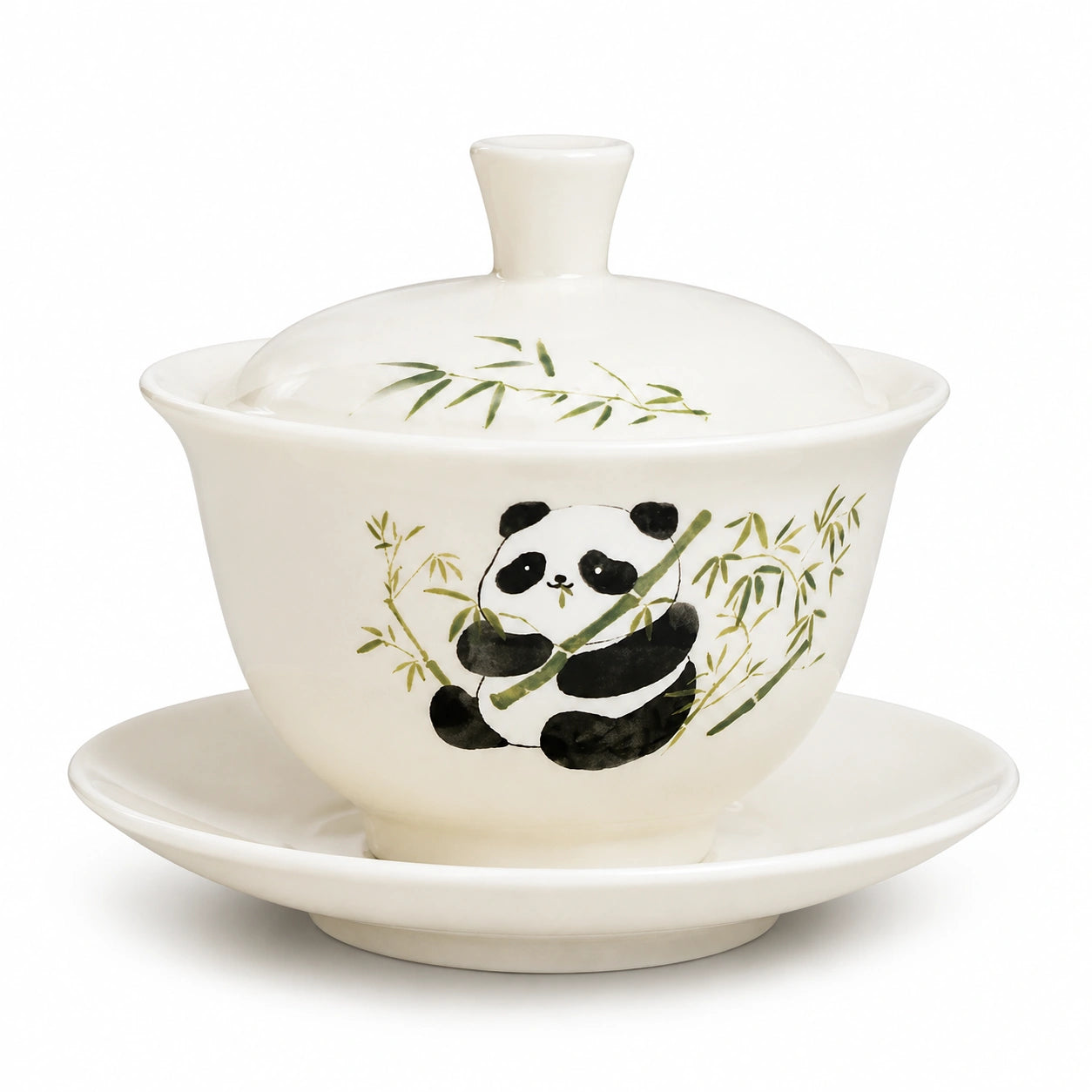 Keramik Gaiwan Teeset 180 ml in Cremeweiß mit Panda Bambusmotiv