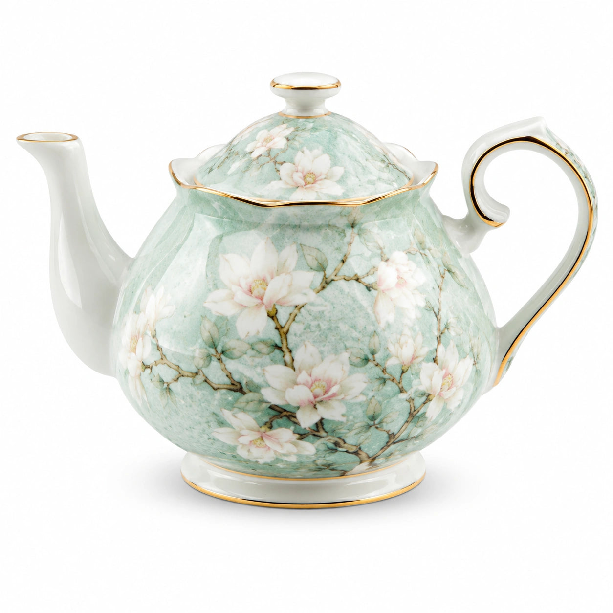 Teekanne 1000 ml aus Porzellan in Mintgrün mit Blumenmuster und Deckel
