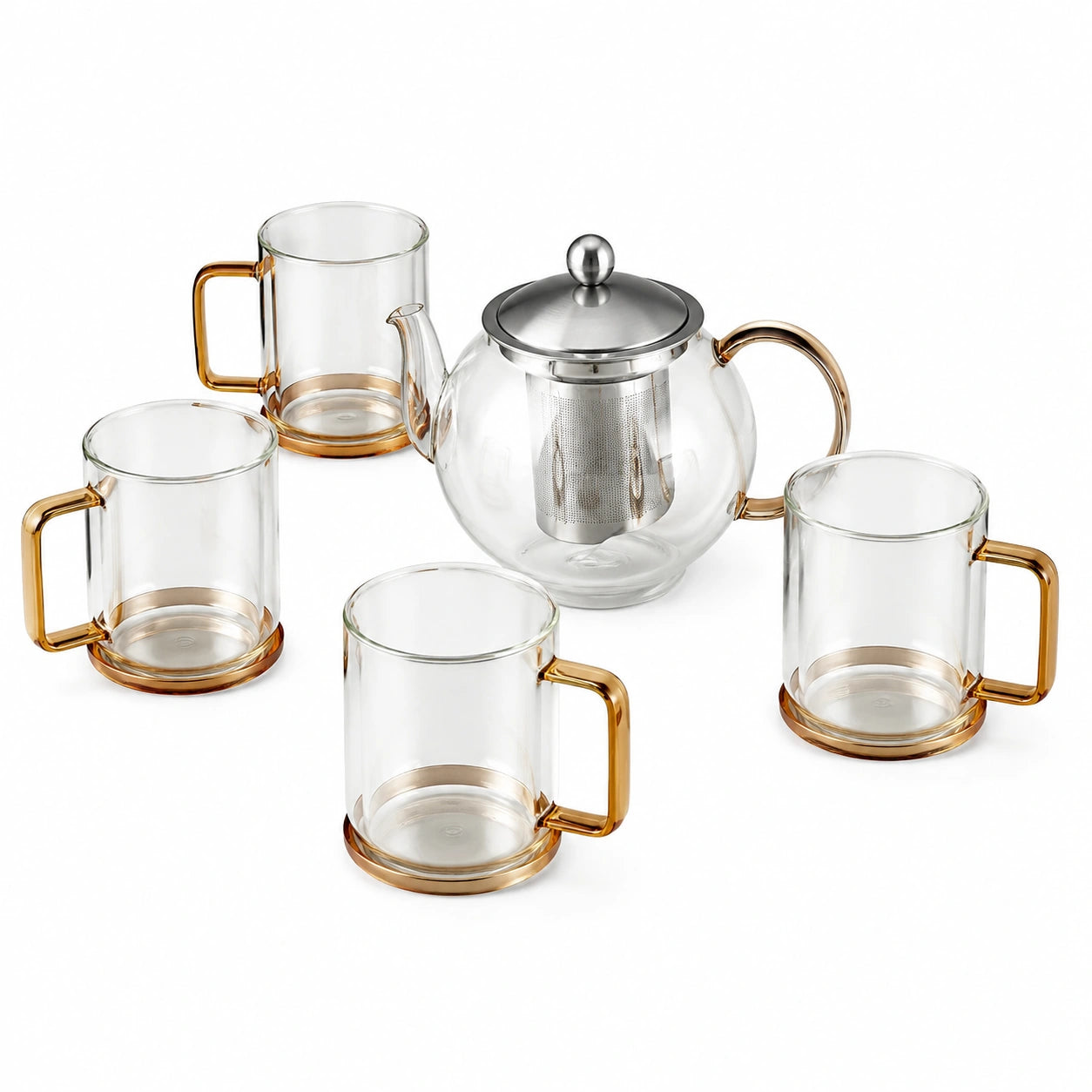 Teeservice 5-teilig 1000 ml aus Glas transparent mit goldfarbenen Griffen und Teesieb