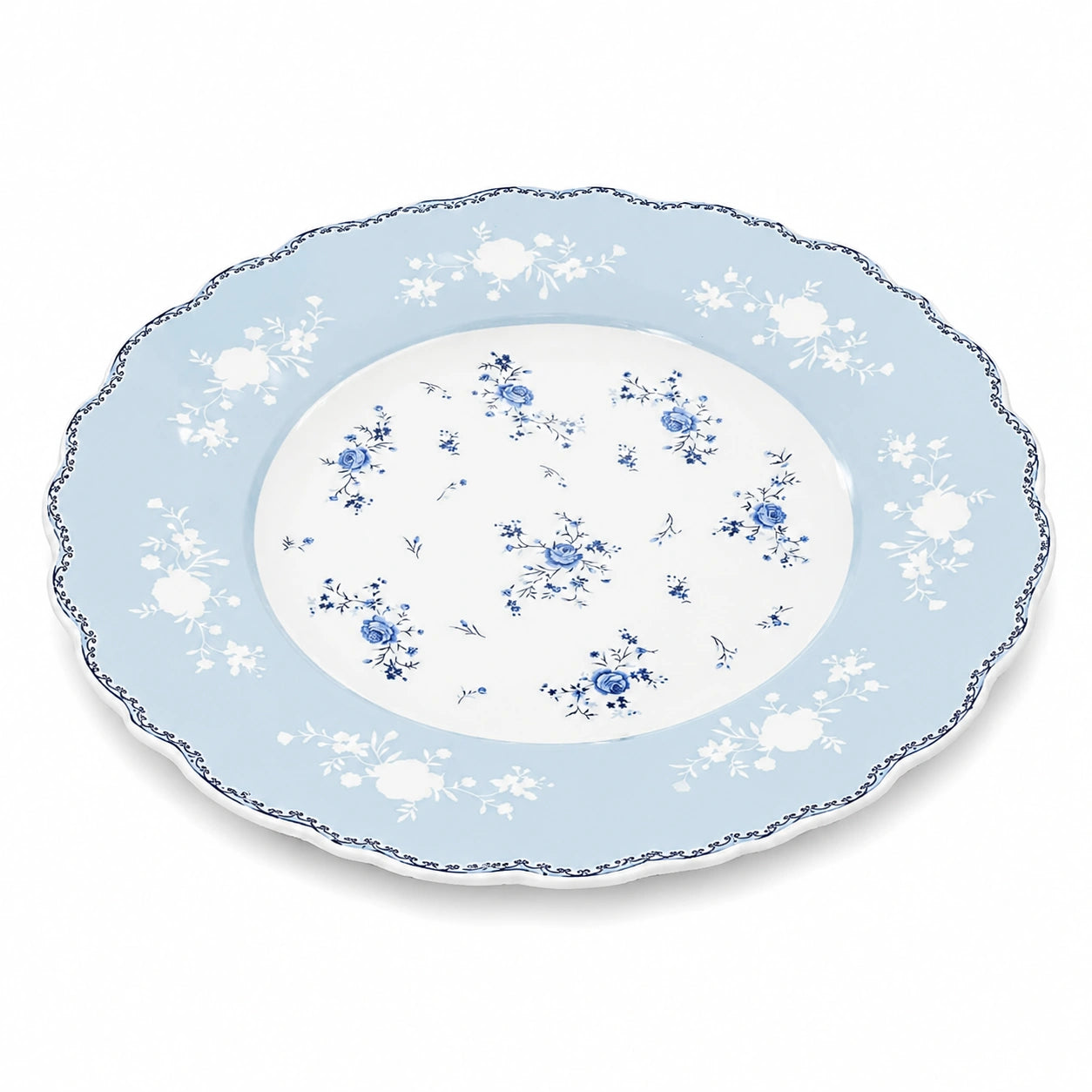 Servierteller 30 cm aus Keramik Hellblau Weiß mit Blumenmuster im klassischen Stil