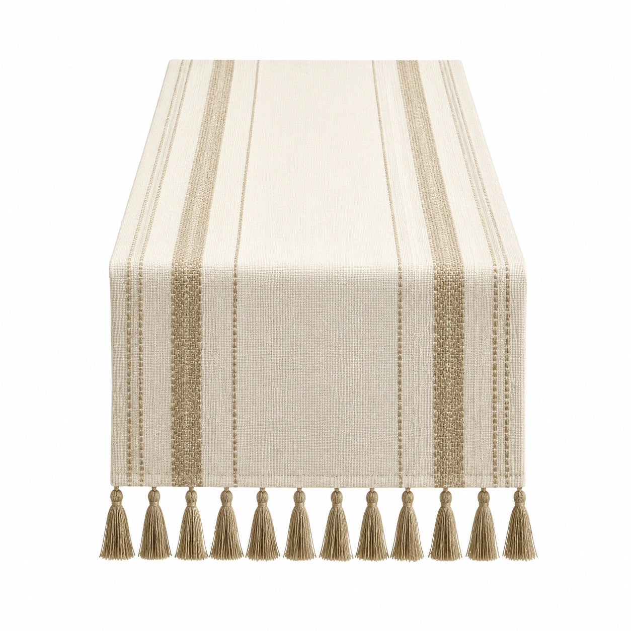 Tischläufer 40 x 180 cm aus Textilgewebe in Hellbeige Taupe mit Streifen und Fransen